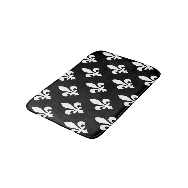 Fleur de Lis Pattern, Royal French, White on Black Bath Mat (Angled)