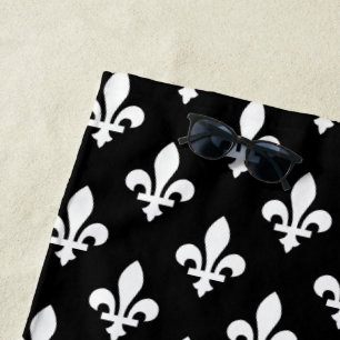 Fleur de Lis Pattern, Royal French, White on Black Beach Towel