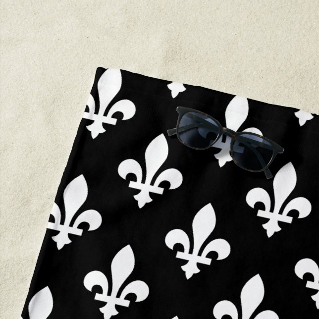 Fleur de Lis Pattern, Royal French, White on Black Beach Towel (In Situ)