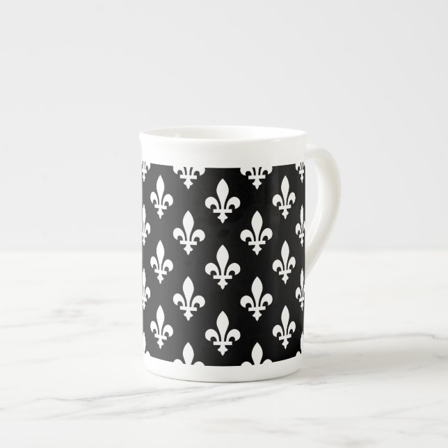 Fleur de Lis Pattern, Royal French, White on Black Bone China Mug (Front Right)