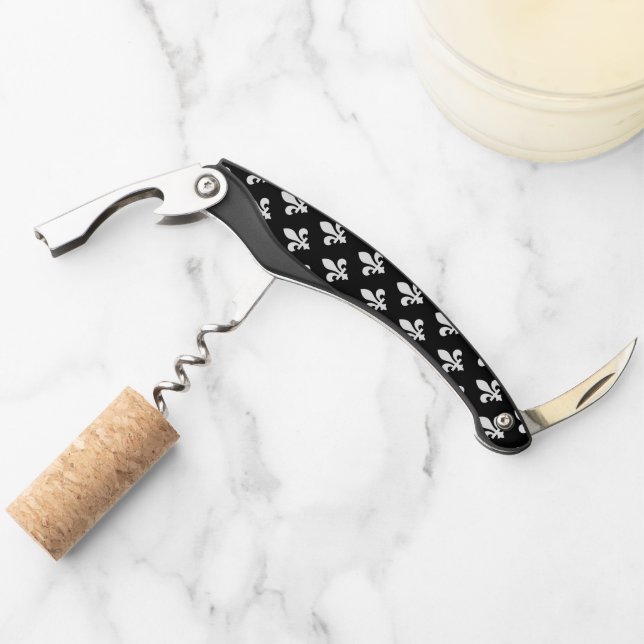 Fleur de Lis Pattern, Royal French, White on Black Corkscrew (Front)