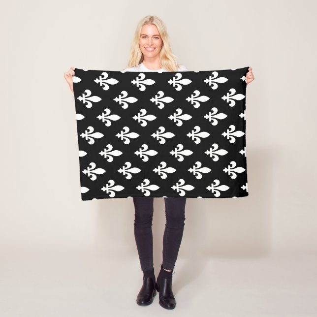 Fleur de Lis Pattern, Royal French, White on Black Fleece Blanket (In Situ)