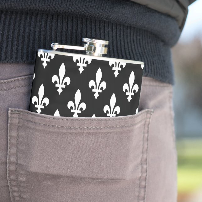 Fleur de Lis Pattern, Royal French, White on Black Hip Flask (In Situ)