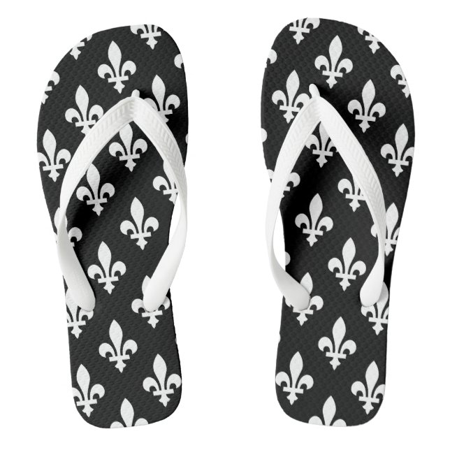 Fleur de Lis Pattern, Royal French, White on Black Jandals (Footbed)