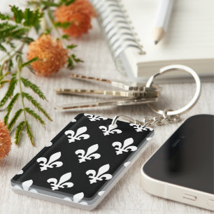 Fleur de Lis Pattern, Royal French, White on Black Key Ring