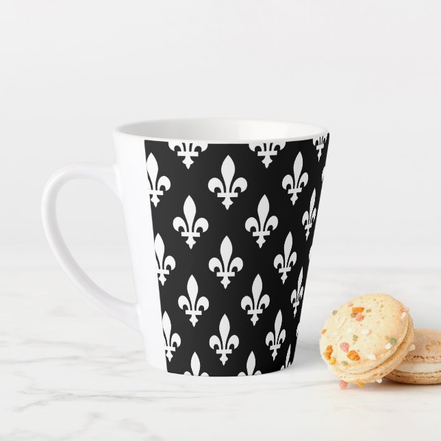 Fleur de Lis Pattern, Royal French, White on Black Latte Mug (In Situ)