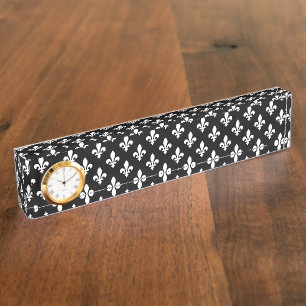 Fleur de Lis Pattern, Royal French, White on Black Nameplate