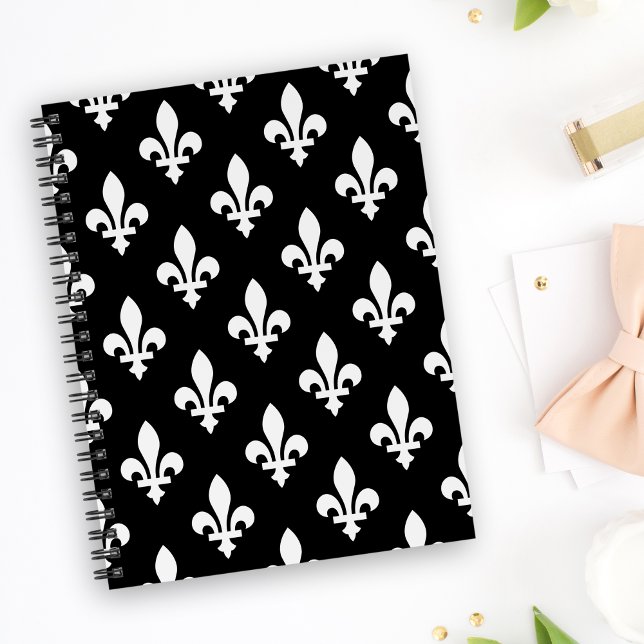 Fleur de Lis Pattern, Royal French, White on Black Notebook (Creator Uploaded)
