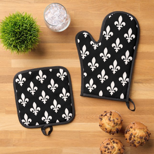 Fleur de Lis Pattern, Royal French, White on Black Oven Mitt & Pot Holder Set (Top Down)