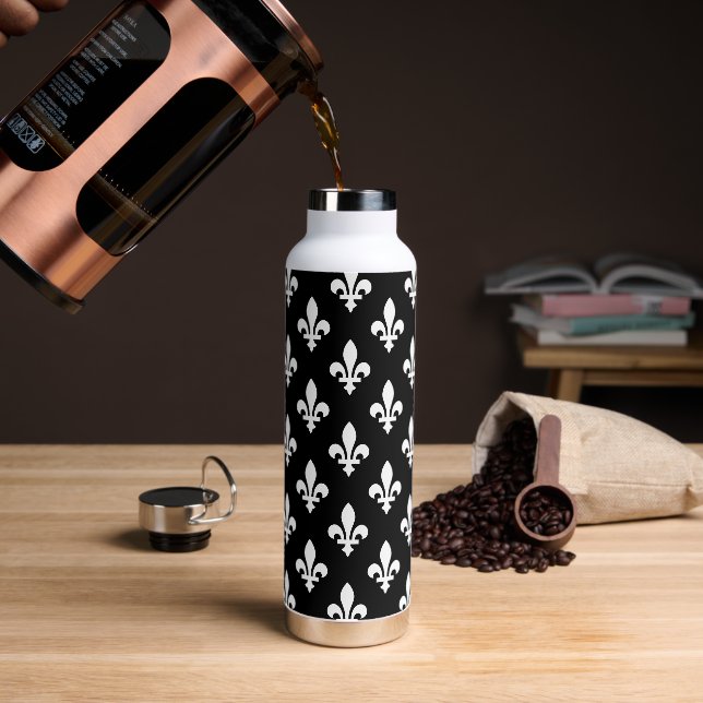 Fleur de Lis Pattern, Royal French, White on Black Water Bottle (Coffee)