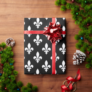 Fleur de Lis Pattern, Royal French, White on Black Wrapping Paper
