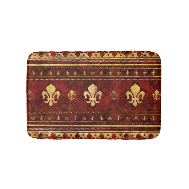 Fleur-de-lis Red Marble and Gold Bath Mat (Front)