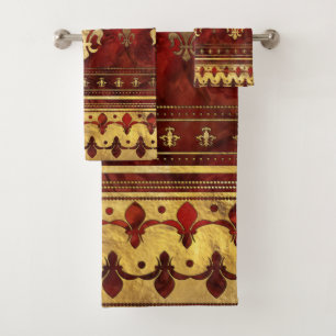 Fleur-de-lis Red Marble and Gold Bath Towel Set