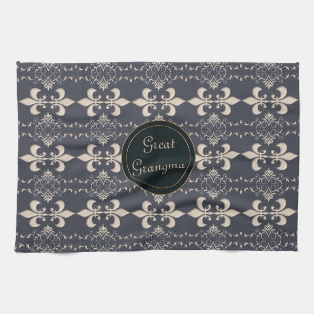 Fleur de Lis, royal seamles pattern. text. Tea Towel (Horizontal)