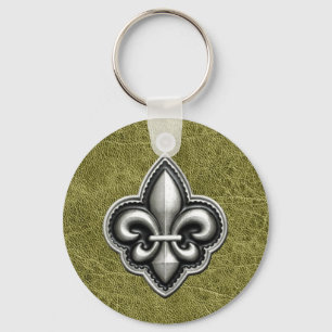 Fleur de Lis Silver on Green Leather Look Key Ring