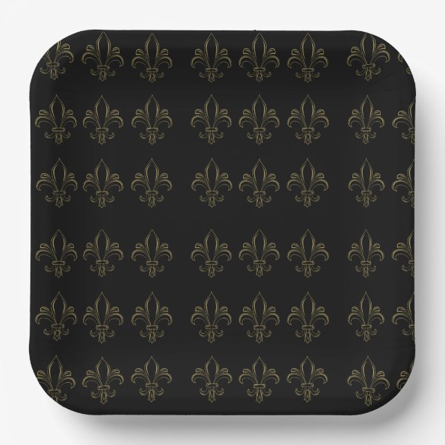 Fleur De Lis Simple Elegant Black and Gold  Paper Plate (Front)
