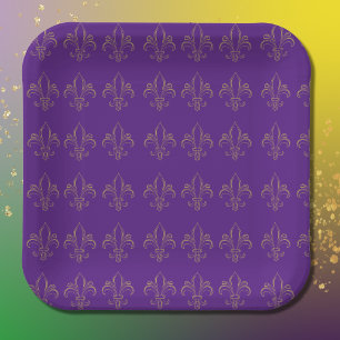 Fleur De Lis Simple Elegant Purple and Gold  Paper Plate