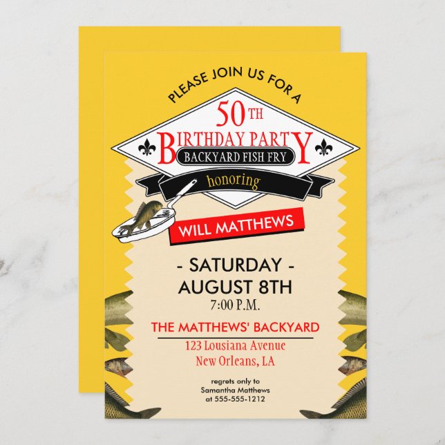 Fleur de Lis Spoof Fish Fry 50th Birthday Invitation (Front/Back)
