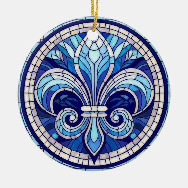 Fleur-de-lis - Stained glass mosaic art Ceramic Tree Decoration (Front)