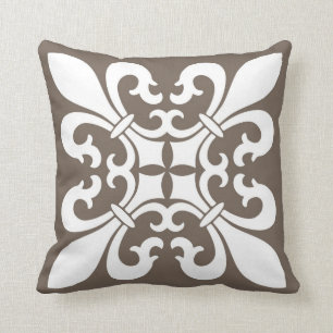 Fleur de lis Symbols in White on Taupe Cushion