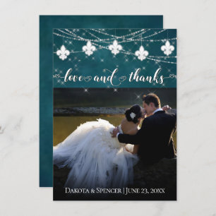 Fleur de Lis Teal Lights   Photo Heart Love and Thank You Card