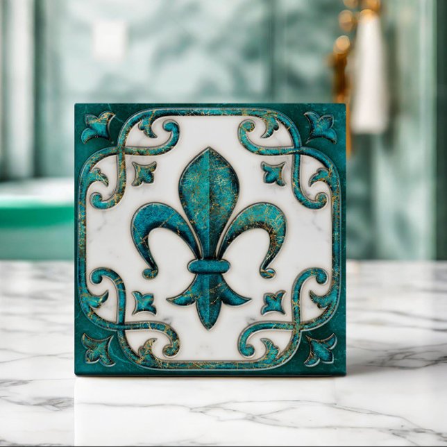 Fleur-De-Lis Vintage Verdigris Marble  Tile (Creator Uploaded)