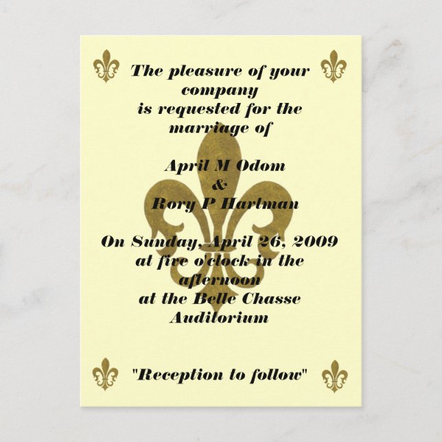 fleur de lis wedding postcard invitation (Front)