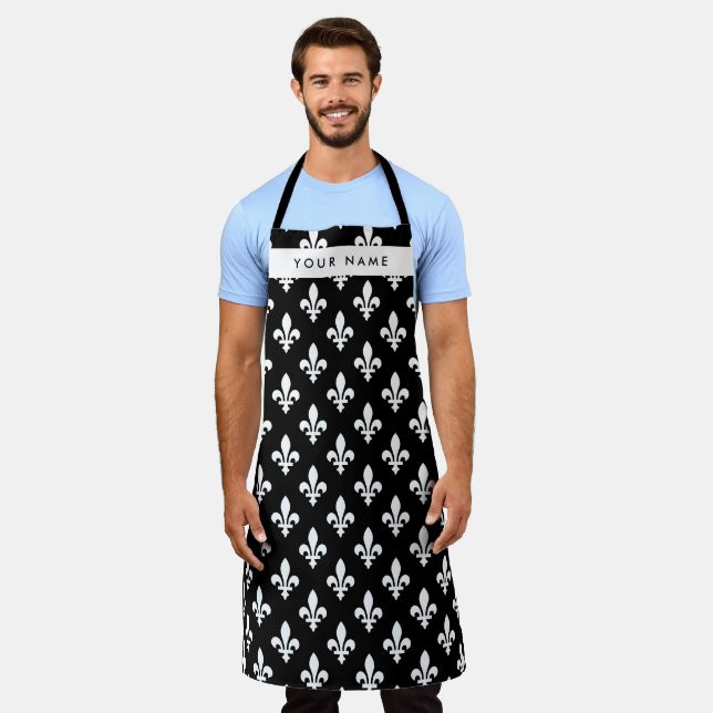 Fleur de Lis, White on Black, White, Your Name Apron (Worn)
