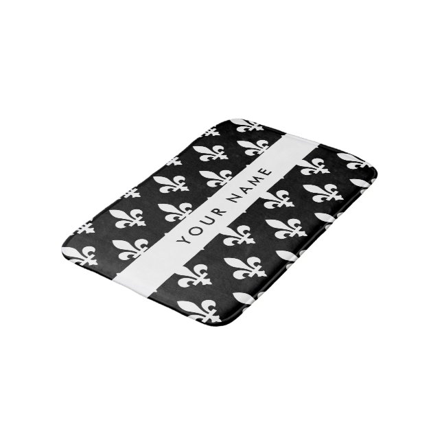 Fleur de Lis, White on Black, White, Your Name Bath Mat (Angled)