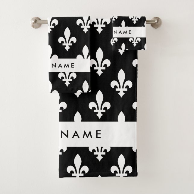 Fleur de Lis, White on Black, White, Your Name Bath Towel Set (Insitu)