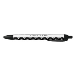 Fleur de Lis, White on Black, White, Your Name Black Ink Pen