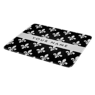 Fleur de Lis, White on Black, White, Your Name Cutting Board