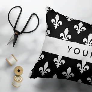 Fleur de Lis, White on Black, White, Your Name Decorative Cushion