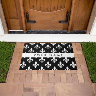 Fleur de Lis, White on Black, White, Your Name Doormat