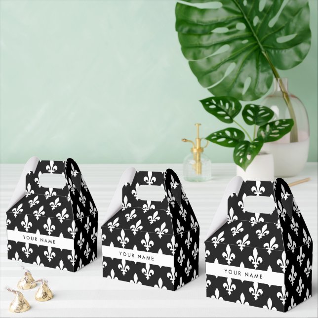 Fleur de Lis, White on Black, White, Your Name Favour Box (Multiple)