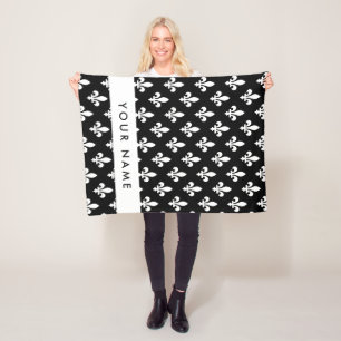 Fleur de Lis, White on Black, White, Your Name Fleece Blanket