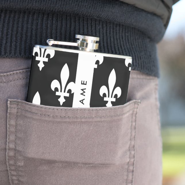 Fleur de Lis, White on Black, White, Your Name Hip Flask (In Situ)