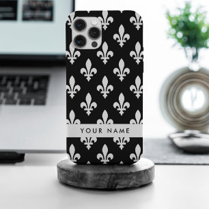 Fleur de Lis, White on Black, White, Your Name iPhone 15 Pro Max Case