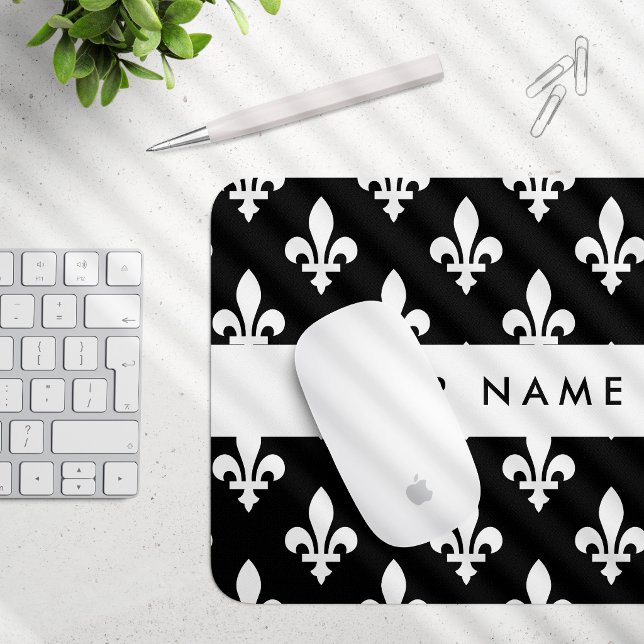Fleur de Lis, White on Black, White, Your Name Mouse Pad (Creator Uploaded)