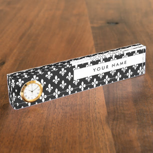 Fleur de Lis, White on Black, White, Your Name Nameplate