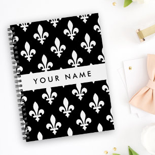 Fleur de Lis, White on Black, White, Your Name Notebook