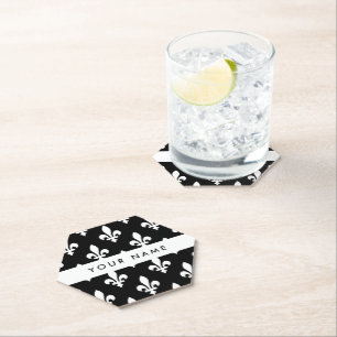 Fleur de Lis, White on Black, White, Your Name Paper Coaster