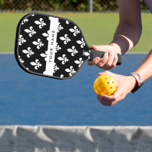Fleur de Lis, White on Black, White, Your Name Pickleball Paddle
