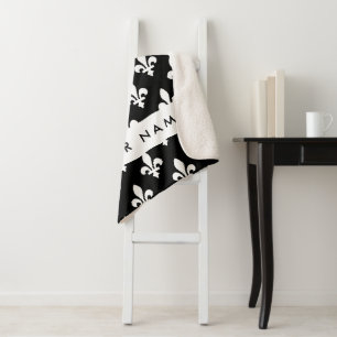 Fleur de Lis, White on Black, White, Your Name Sherpa Blanket