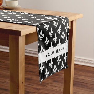 Fleur de Lis, White on Black, White, Your Name Short Table Runner