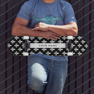 Fleur de Lis, White on Black, White, Your Name Skateboard