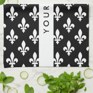 Fleur de Lis, White on Black, White, Your Name Tea Towel