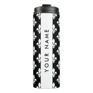 Fleur de Lis, White on Black, White, Your Name Thermal Tumbler