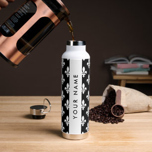 Fleur de Lis, White on Black, White, Your Name Water Bottle