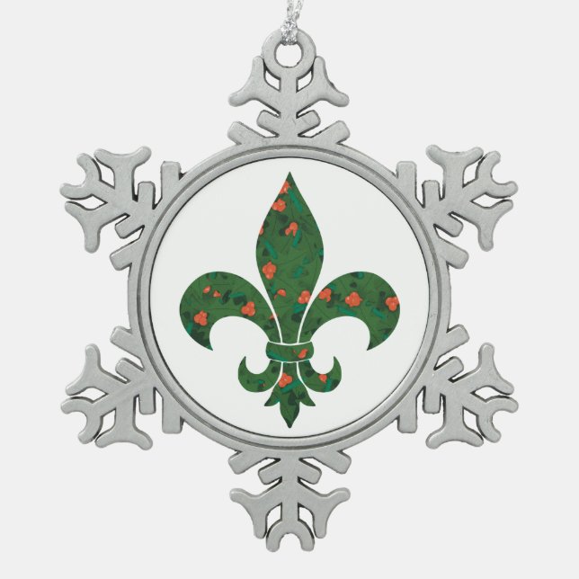 Fleur de Lis with Holly and  Berries on Snowflake Pewter Christmas Ornament (Front)